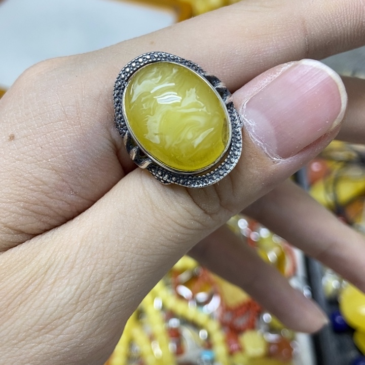 银S925镶嵌蜜蜡裸石戒指