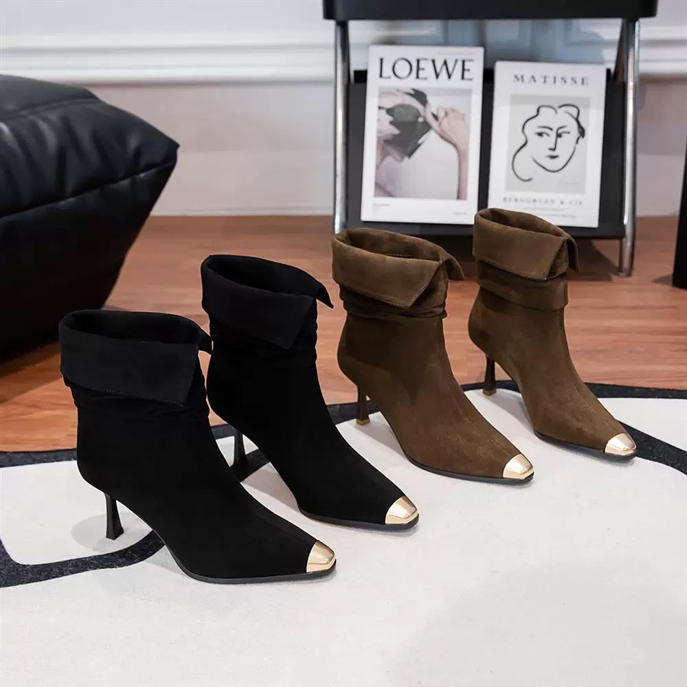 6699美拉德风绒面短靴女2025新款金属方头细跟气质高跟堆堆靴冬季