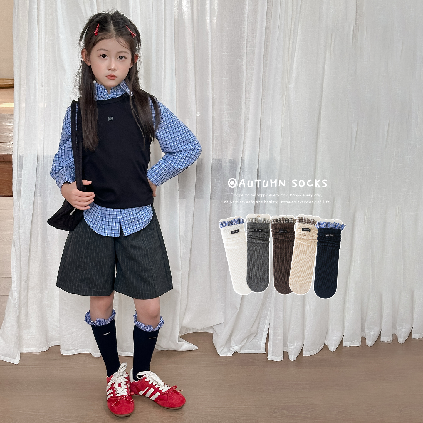 女童中筒袜春秋棉袜儿童小腿袜miu系布标格子花边女孩宝宝长筒袜