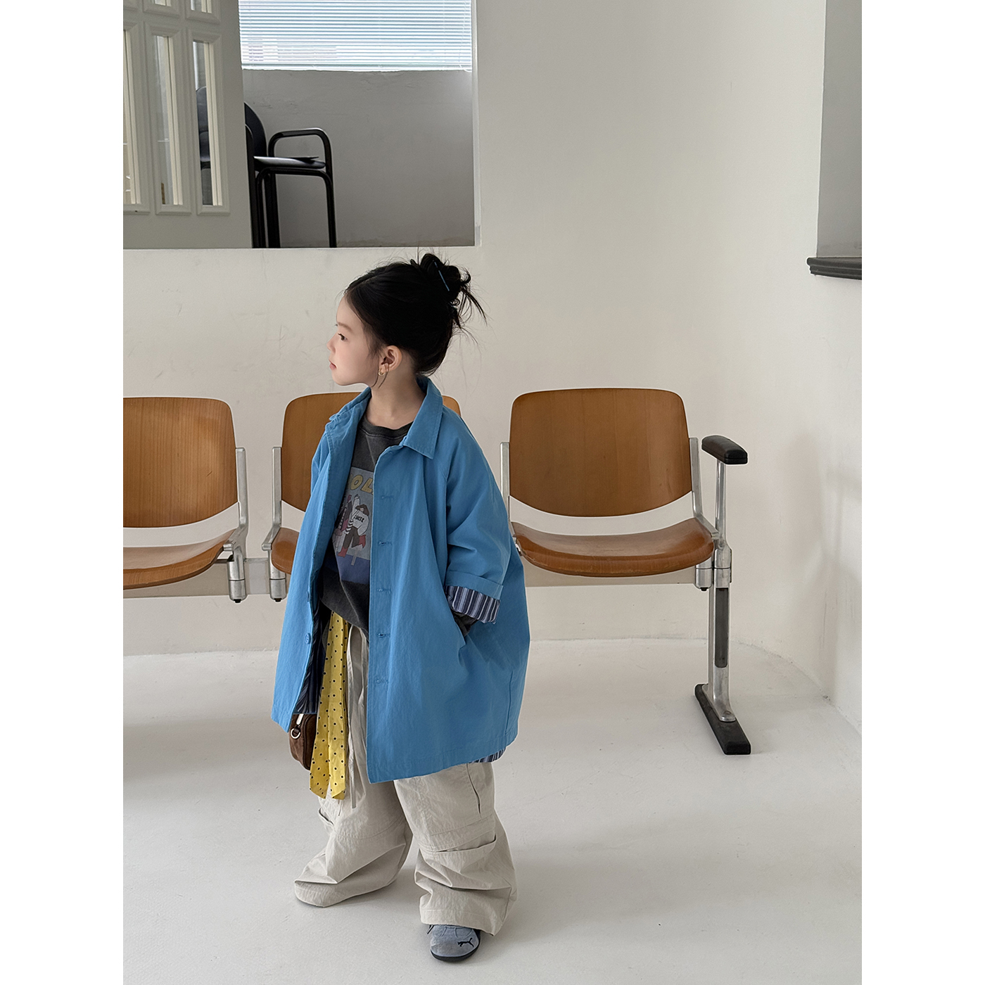 Harper kids 韩系女童时秋季髦宽松蓝色翻领风衣外套 H25A030758