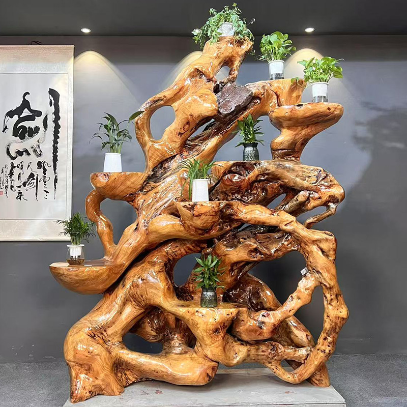 根雕花架客厅树根木雕摆件实木阳台置物架天然随型整根原木盆景架