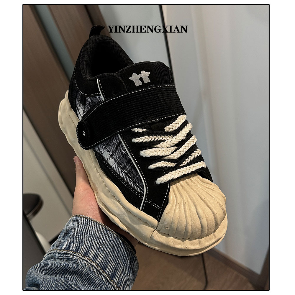 尹政贤 增高格子魔术贴溶解鞋厚底时尚休闲鞋百搭运动鞋时尚软底