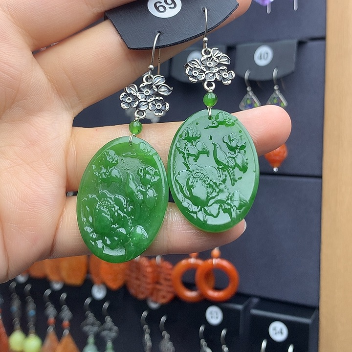 和田玉耳饰银S925镶嵌空***女