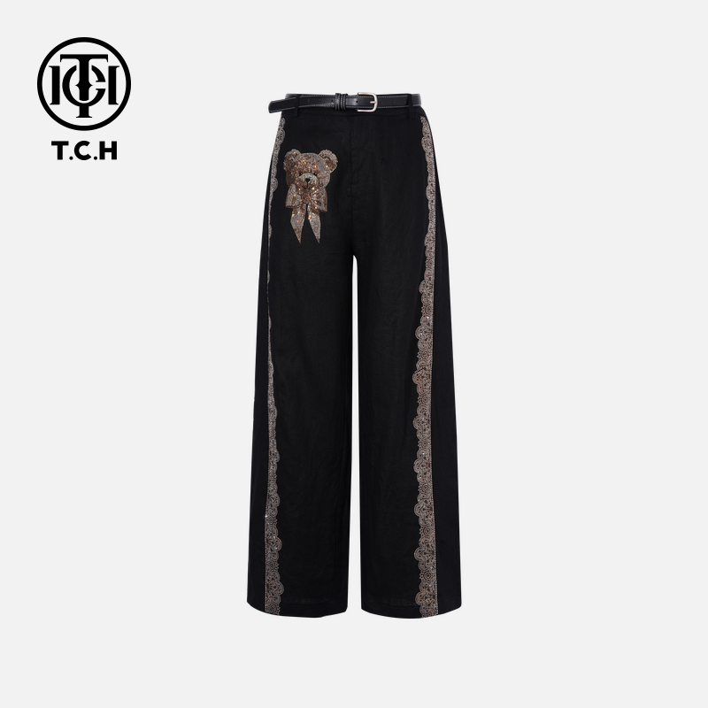 TCH烫钻工艺时尚百搭休闲小熊黑色长裤女T75B20E5078轻奢tch潮牌