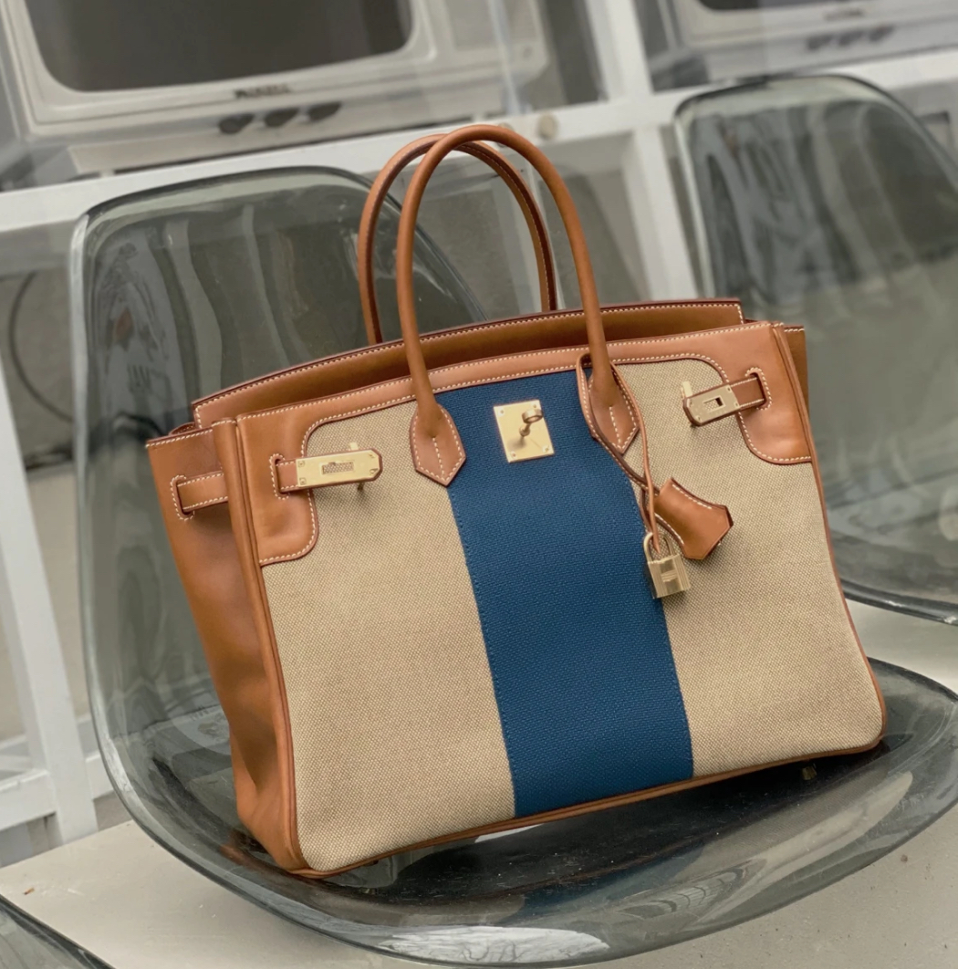 95新 Hermes/爱马仕 birkin35 马鞍拼帆布淡金扣 框Q刻