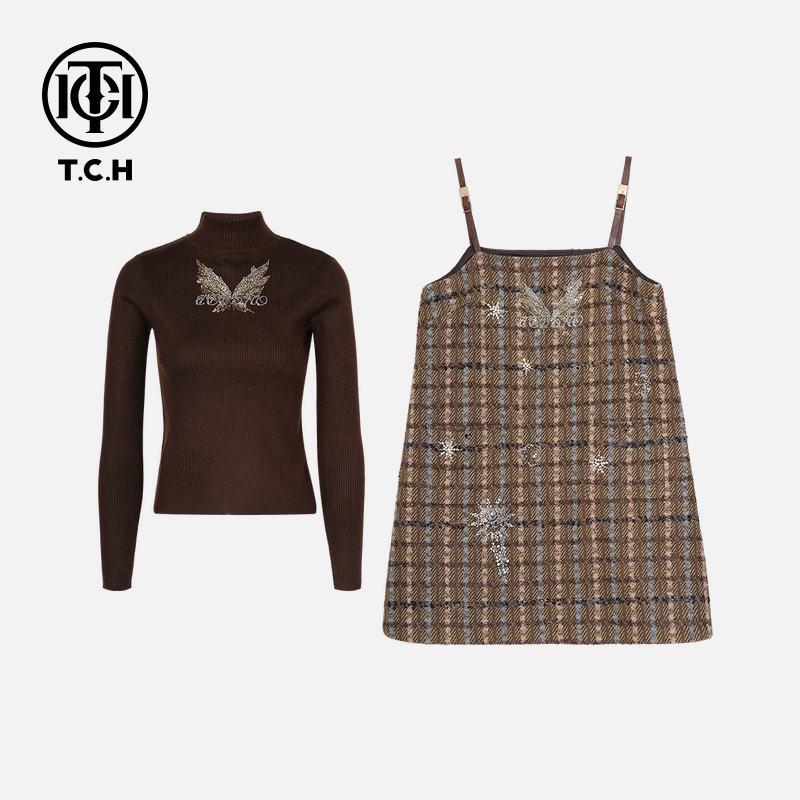 年终大促款TCH私服秋冬慵懒风烫钻时尚淑女咖色套装女T75C07E1099