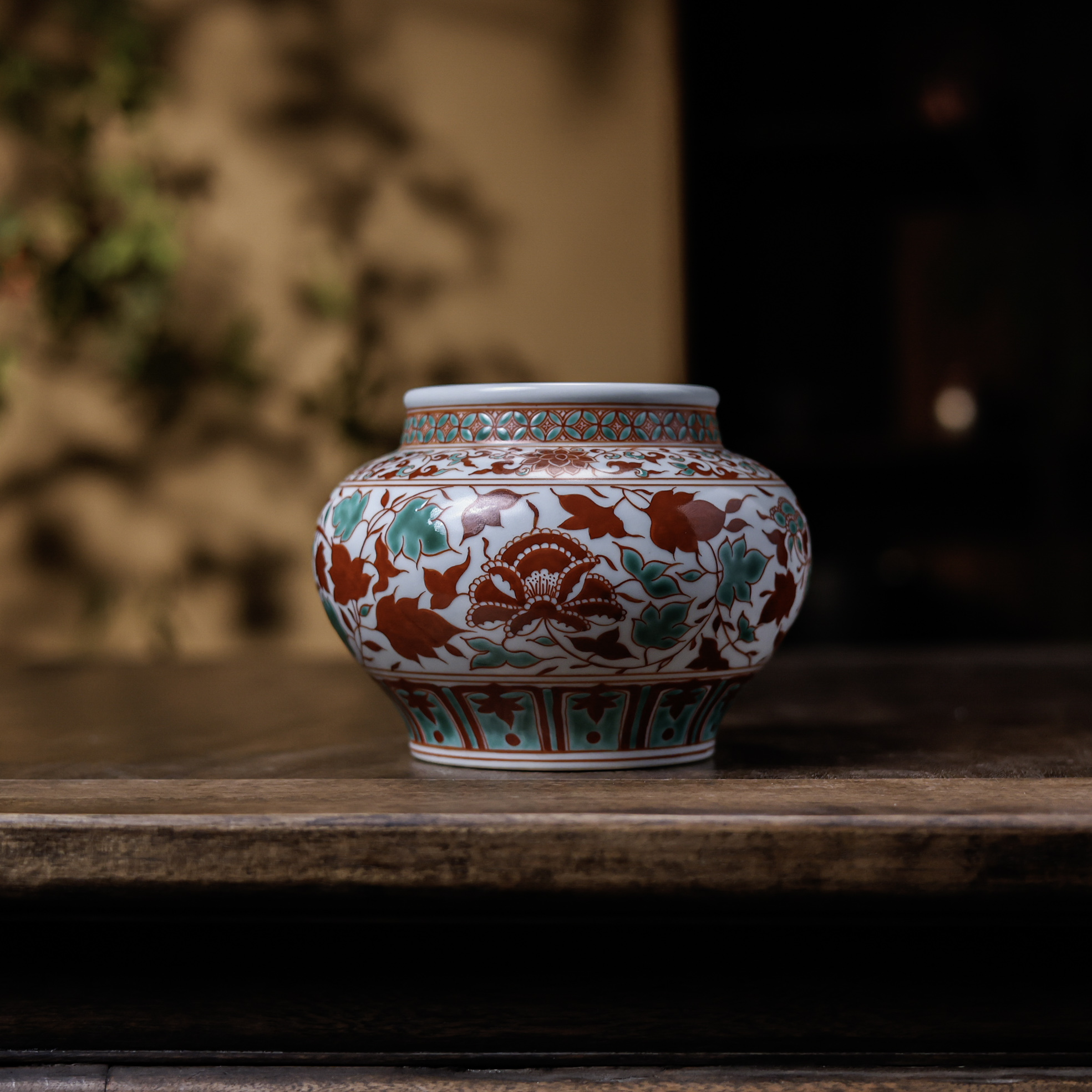 【小田甄陶】红绿彩-翁宿-缠枝牡丹水洗-口径10CM高13CM（翁宿S0196）