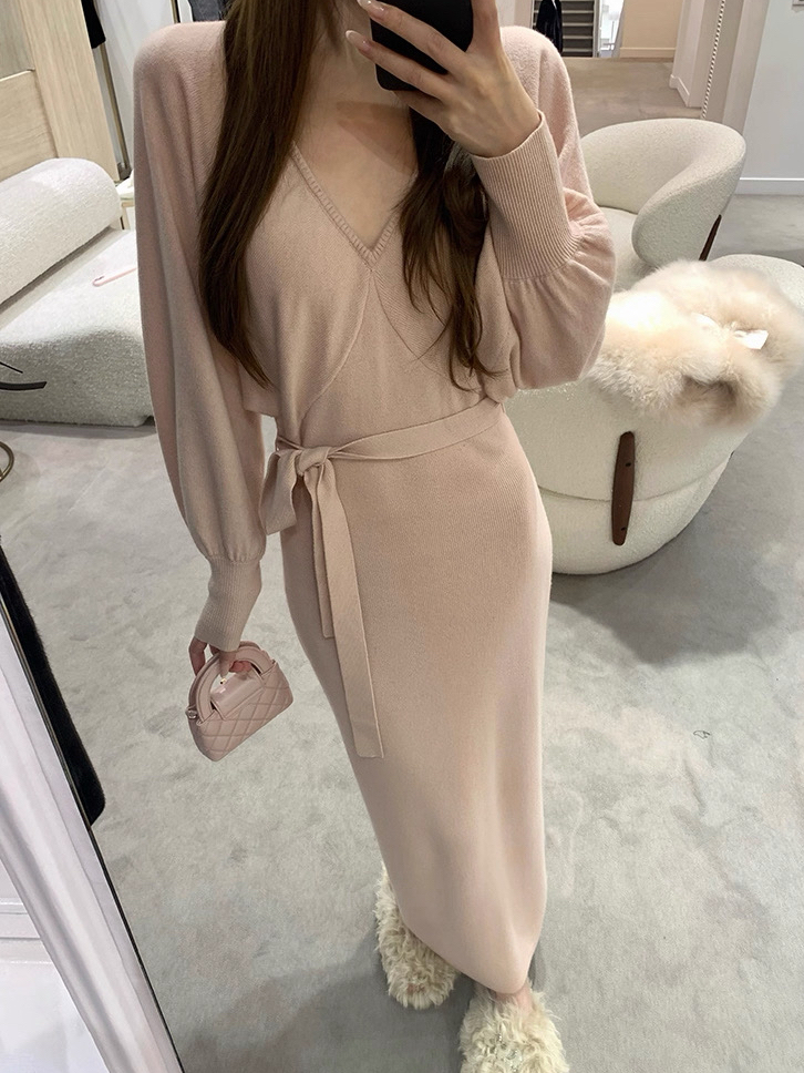 秋冬灵魂内搭瘦瘦裙灯笼袖系带收服绑带中长款内搭毛衣长裙针织裙