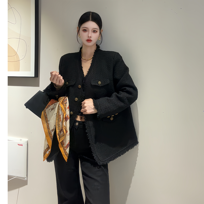【王一博同款】小香风羽绒外套女秋冬季2025大码宽松中长黑色上衣