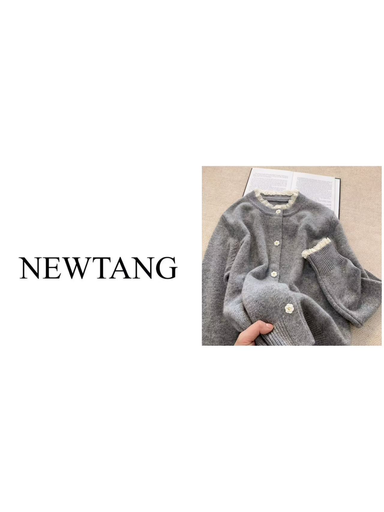 【白茶】1189(含羊毛)气质设计感花边袖木耳边针织开衫长袖毛衣上衣