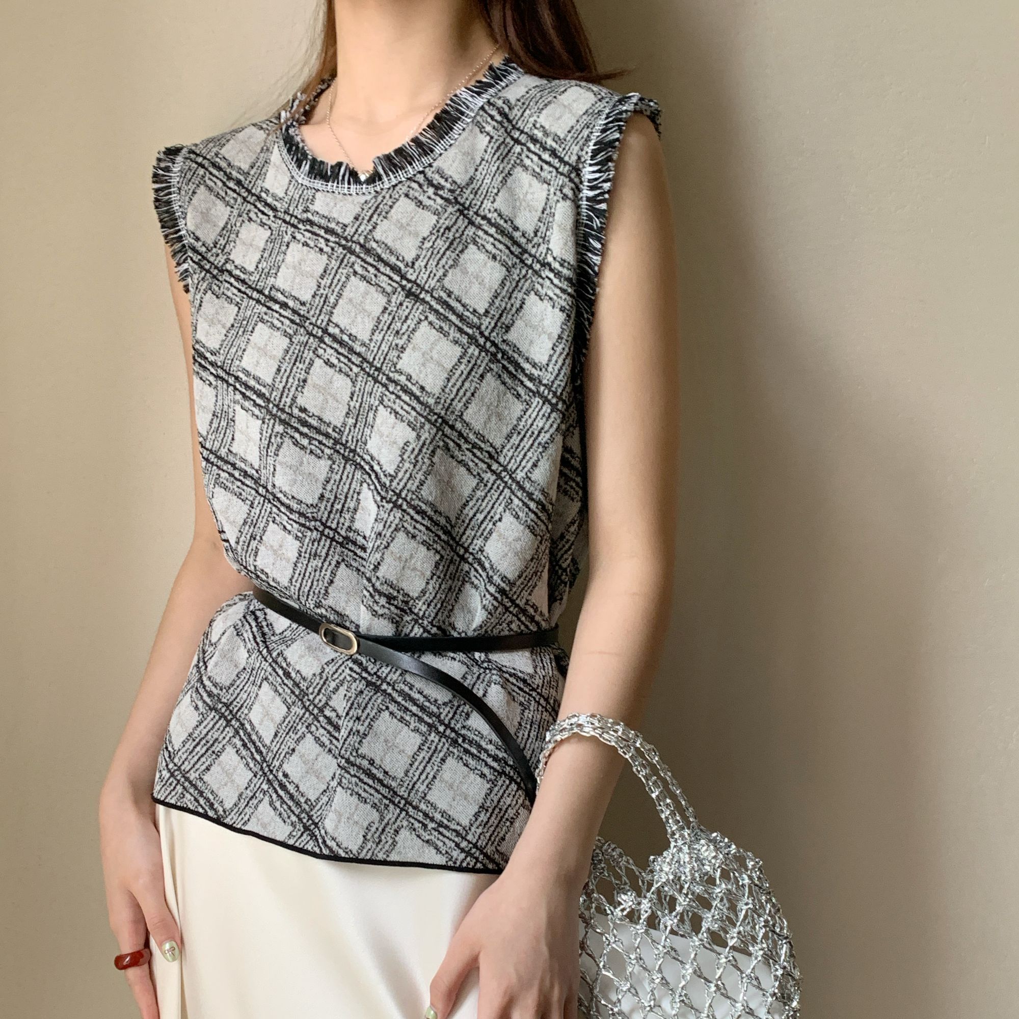 【素简.690116】夏季新款棉洋气混纺格子背心女装上新设计感针织衫