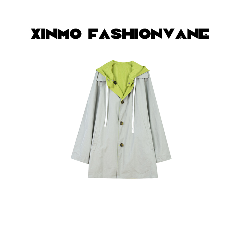 【XINMO】百搭设计感撞色连帽中长款风衣外套C24122007