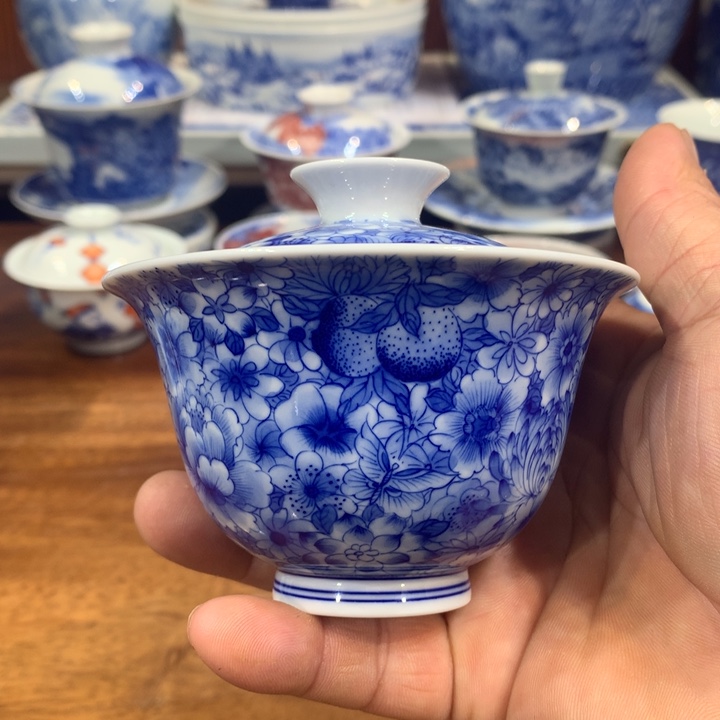 柴窑青花万花盖碗