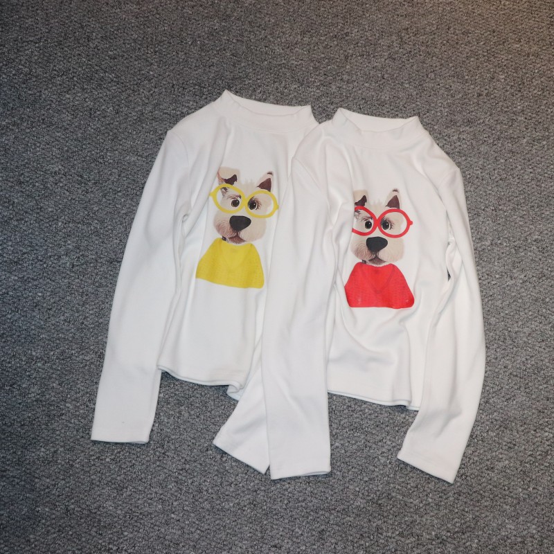卡通双面绒眼镜狗图案字母印花款长袖时尚百搭韩版秋冬圆领上衣