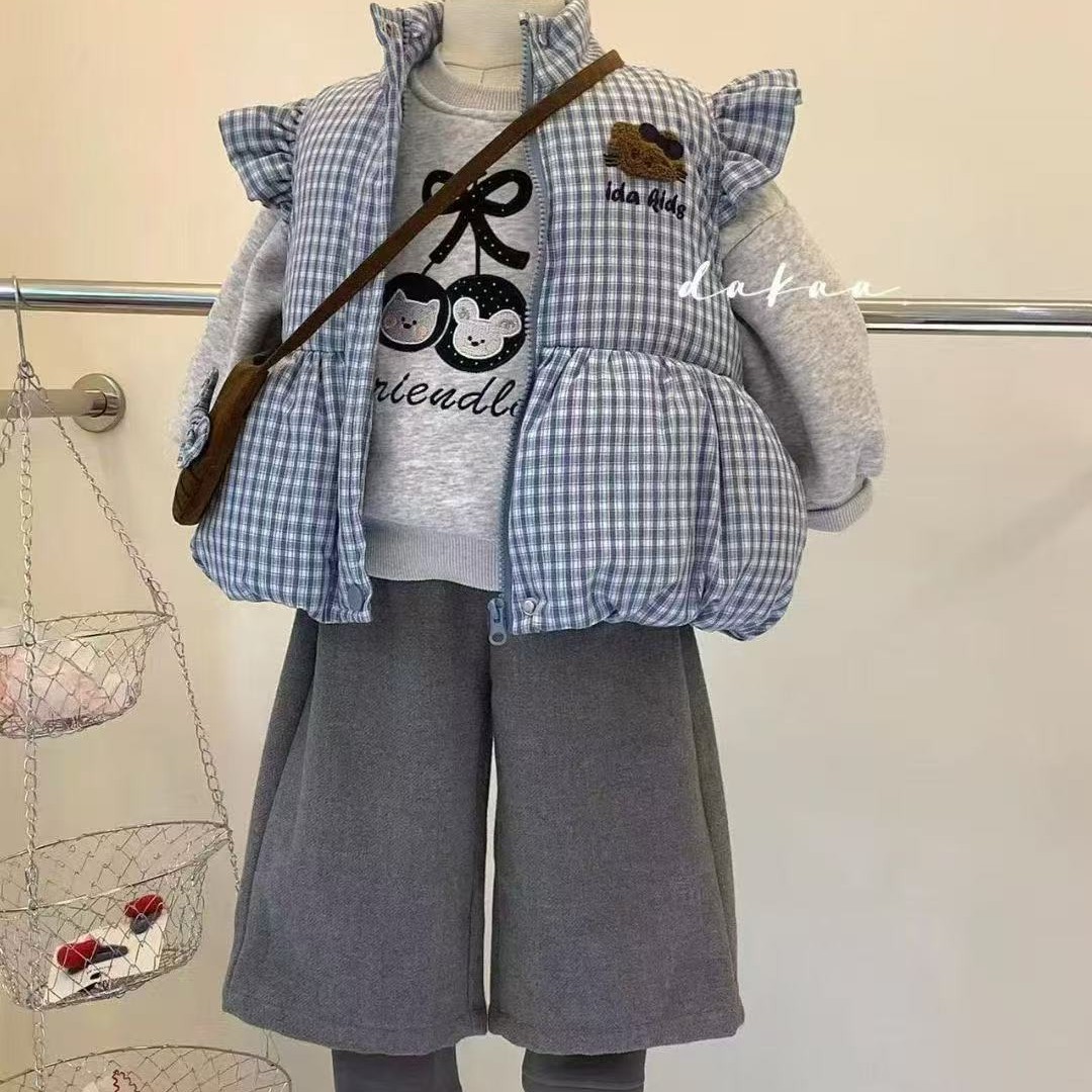 加绒薄款男童马夹纯色冬季女单排扣套装学院风春秋