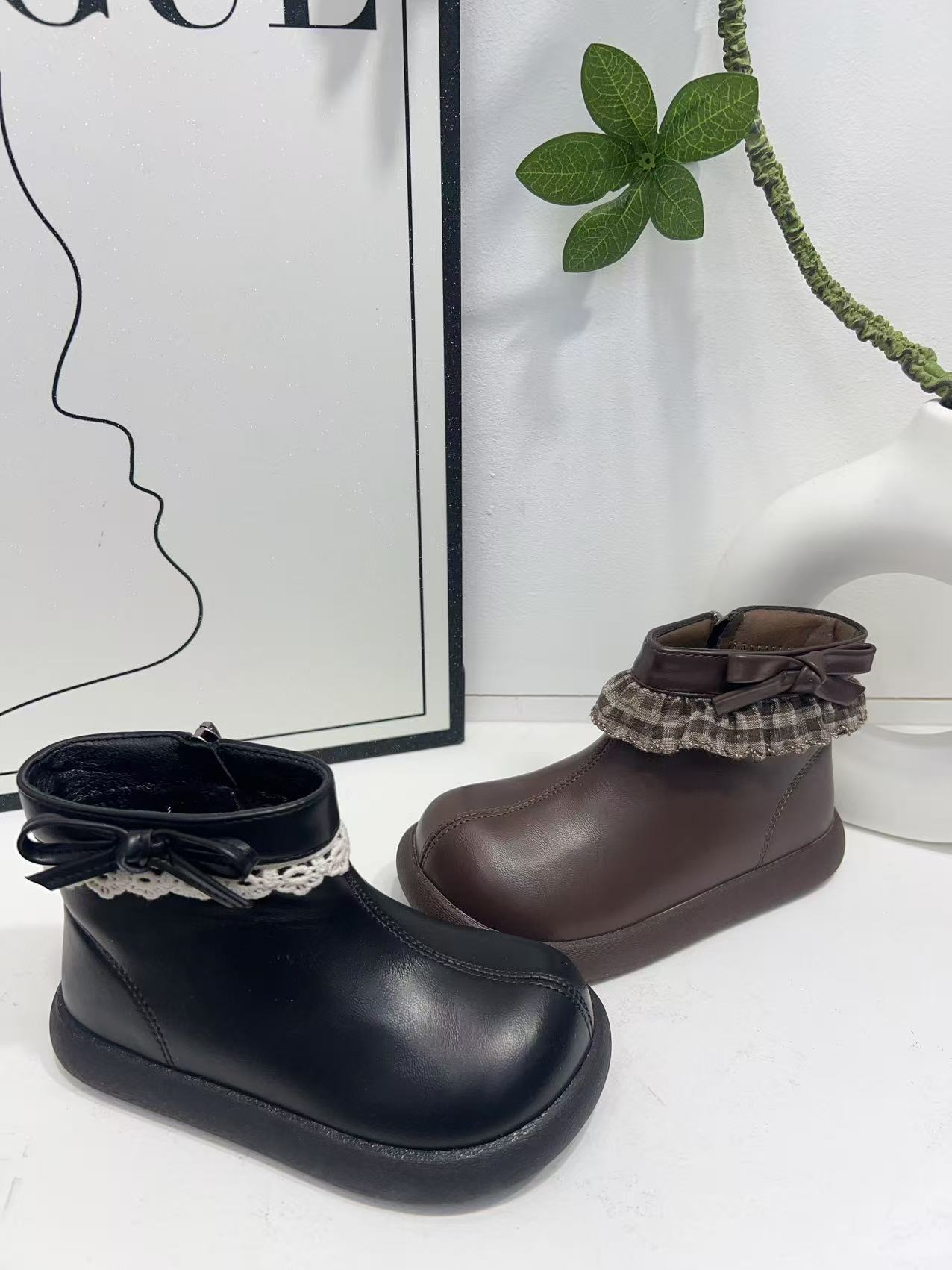 【丫丫】女宝中童加薄绒韩系短靴烟筒靴