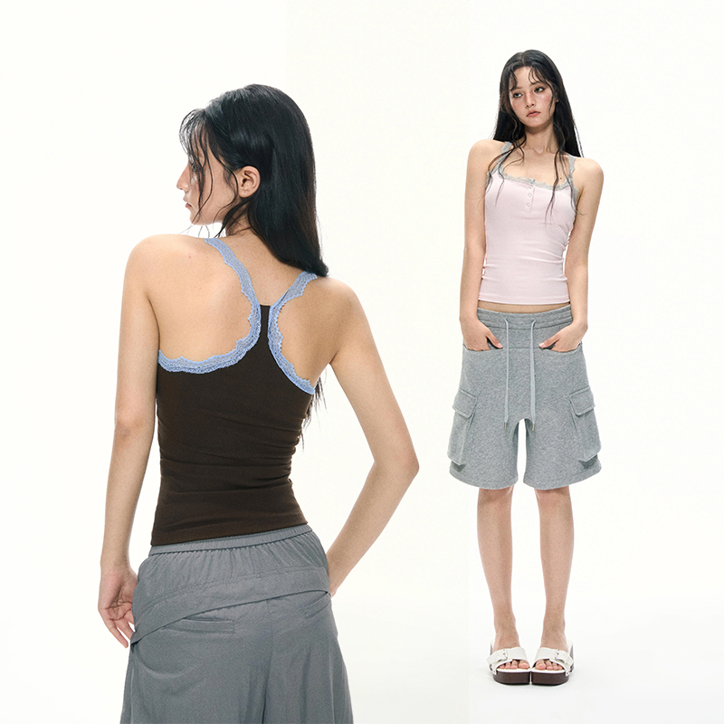 【韩笑推荐】APEA复古蕾丝花边吊带背心拼接撞色假两件修身无袖上衣