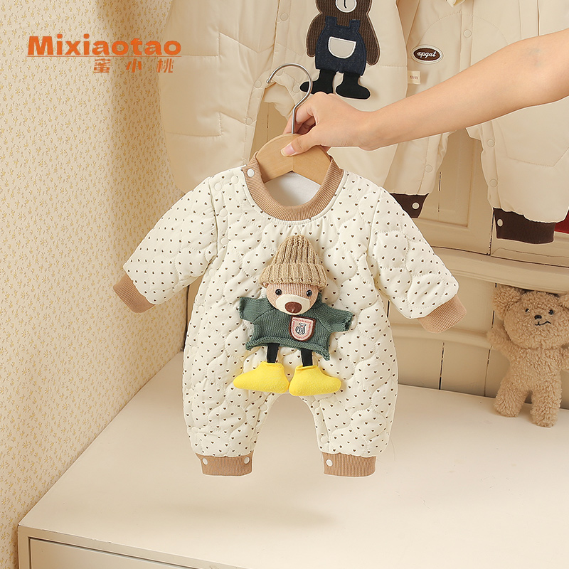 婴儿衣服毛线小熊男女宝宝保暖无骨连体衣中厚婴幼儿夹棉哈衣