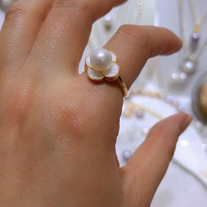 淡水珍珠白珠四叶戒指合金