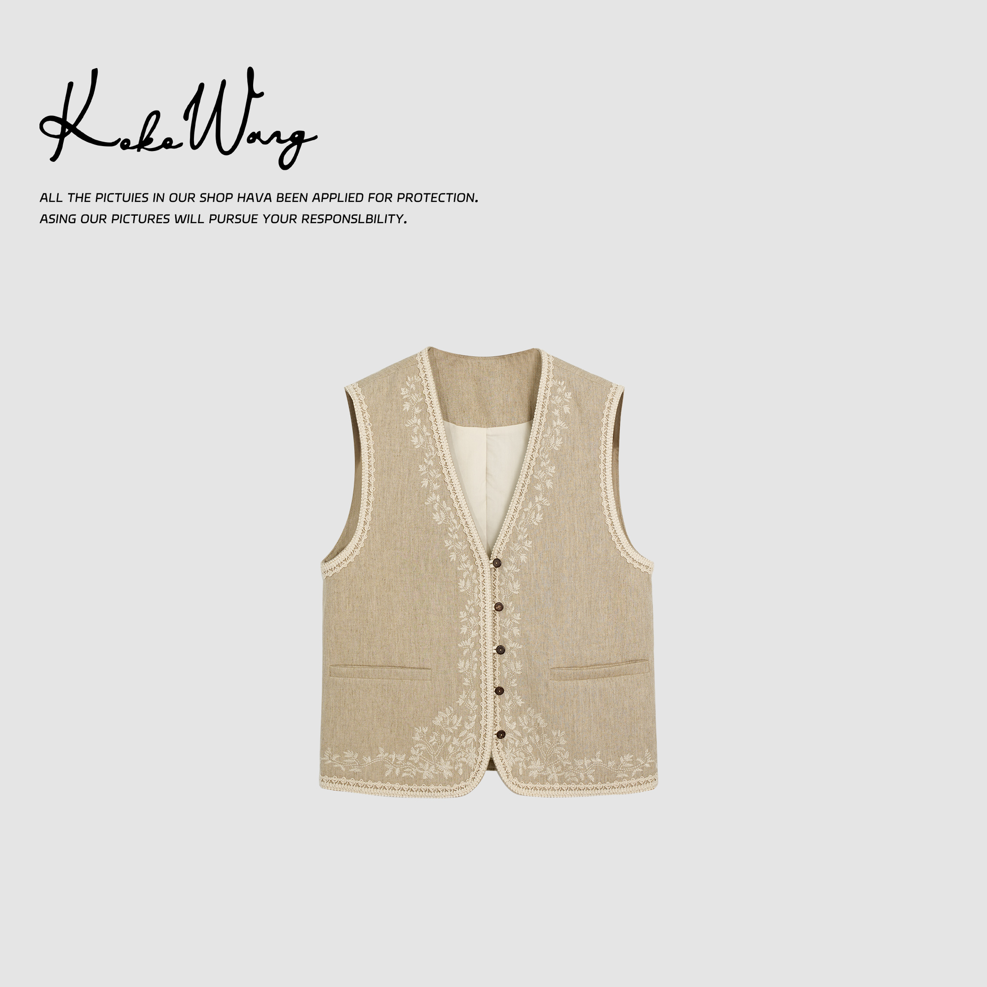 KOKOWANG高级感亚麻混纺工艺刺绣花时尚百搭马夹480015B14W01