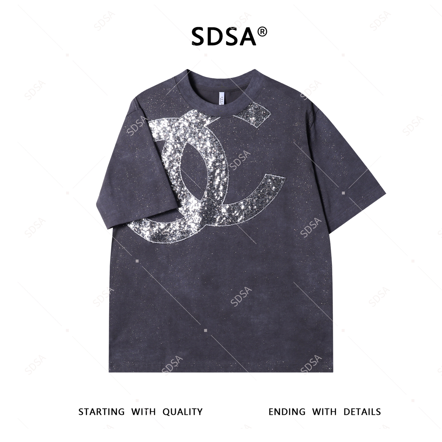 SDSA夏季新款男士痞帅满天星亮片字母圆领短袖T恤百搭时尚上衣潮
