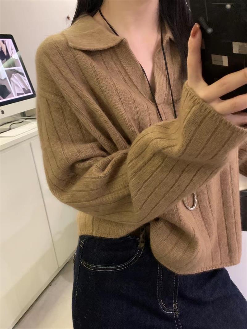 法式POLO领宽松坑条纹针织衫女秋冬气质翻领毛衣打底衫