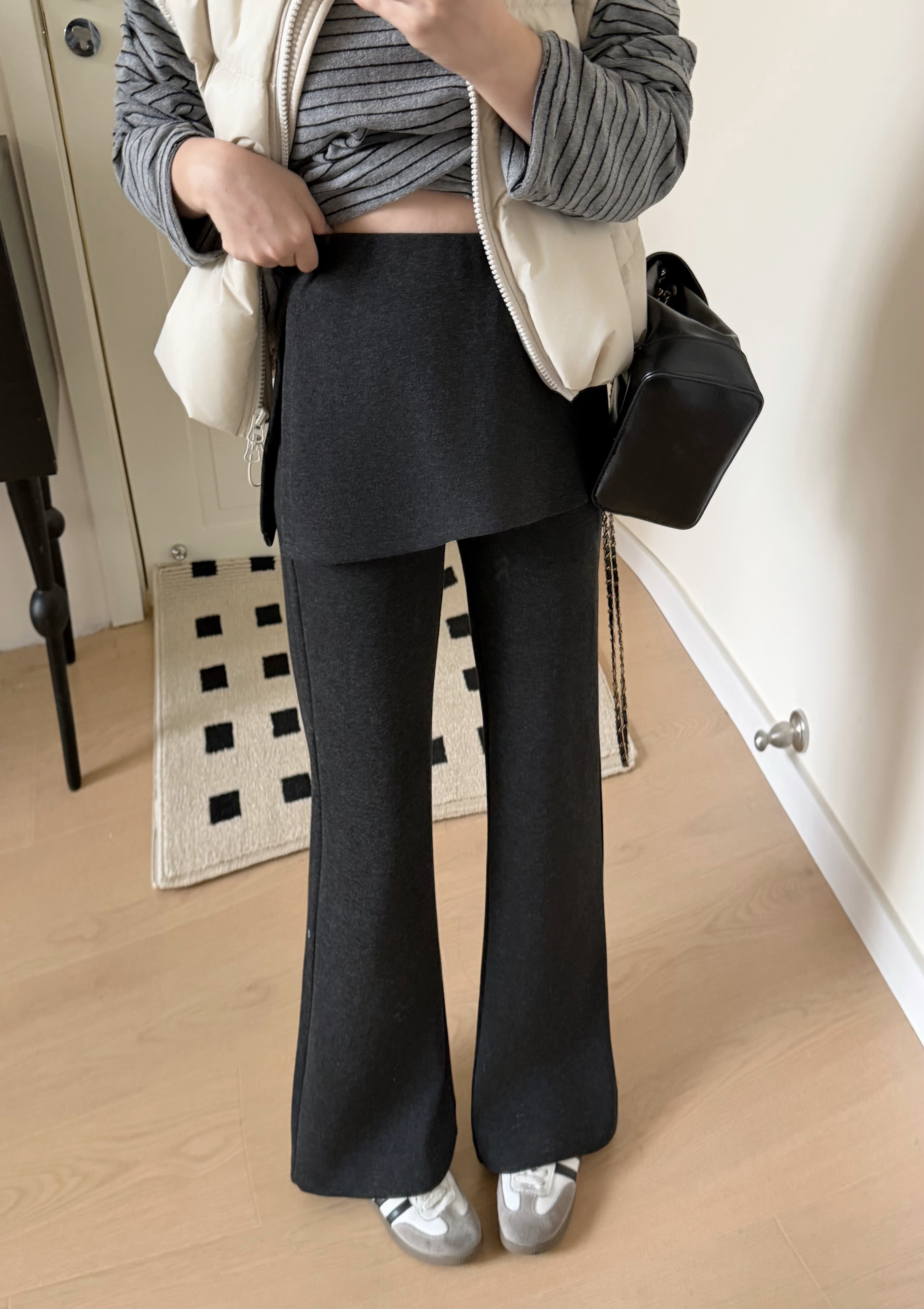 运补小个子秋冬韩系设计感高腰修身显瘦加厚假两件屁帘喇叭裤女