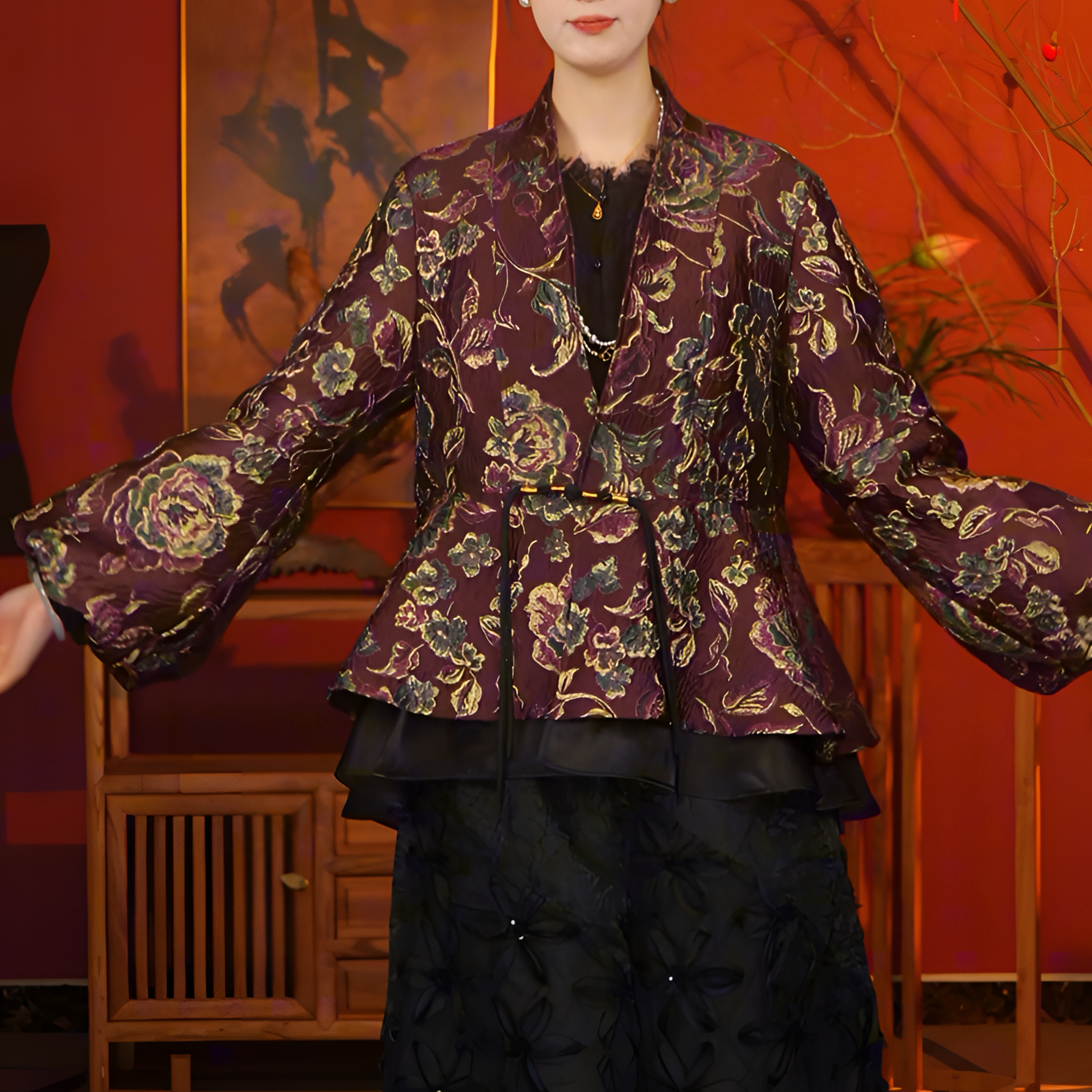 【山海轻奢】S2310新款牡丹花刺绣紫色拼接木耳边外套