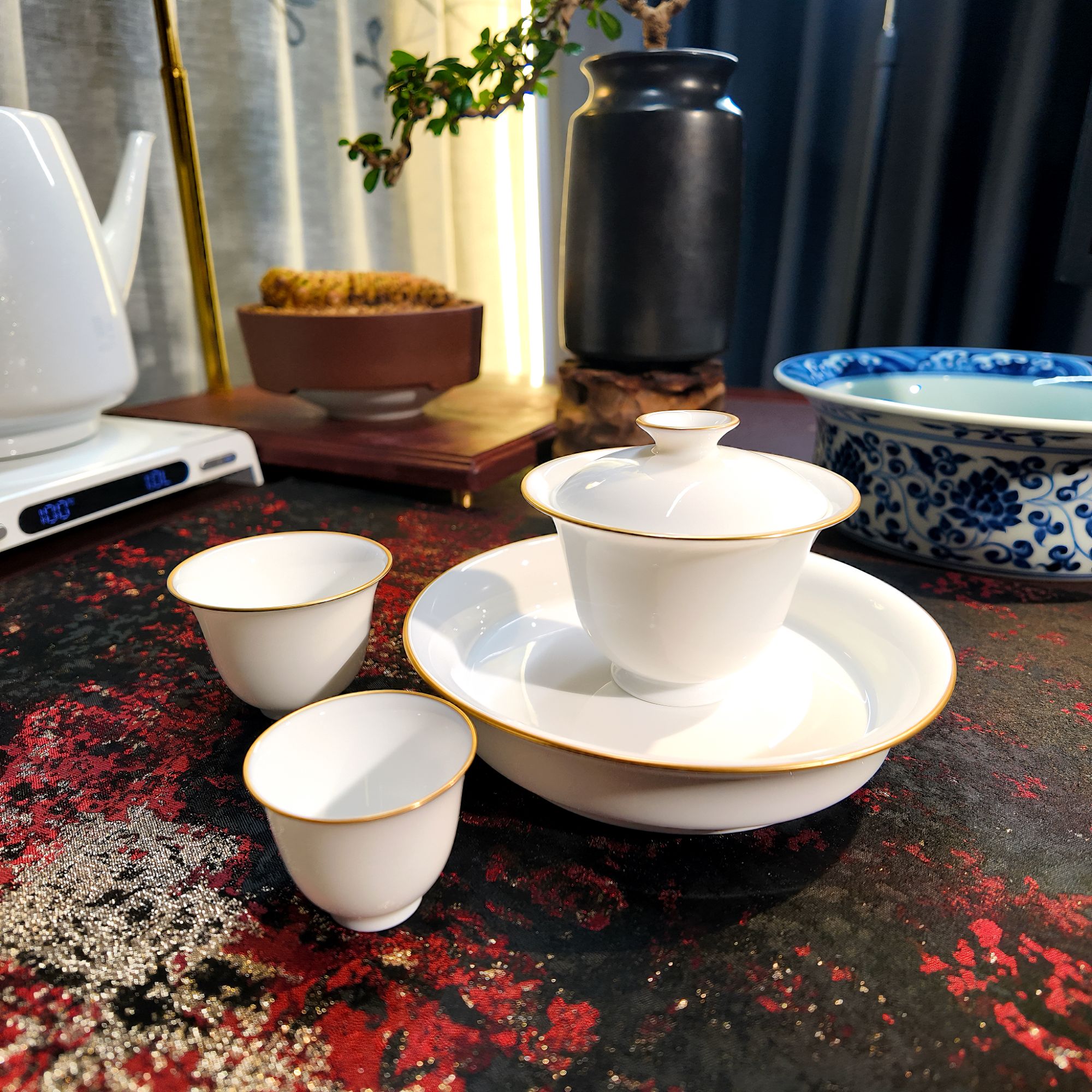 手工纯金边描金白瓷高档盖碗茶杯小盖碗岩茶白茶盖碗素胎描金茶具