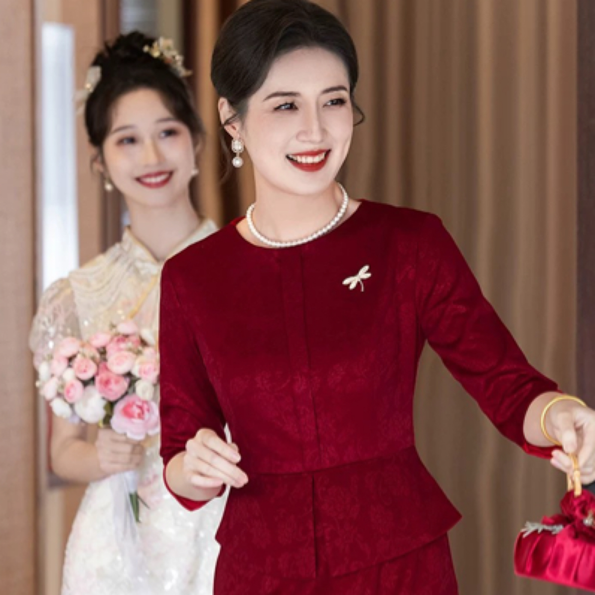 喜婆婆婚宴旗袍假两件套装五月份结婚年轻款妈妈装礼服裙高端喜服