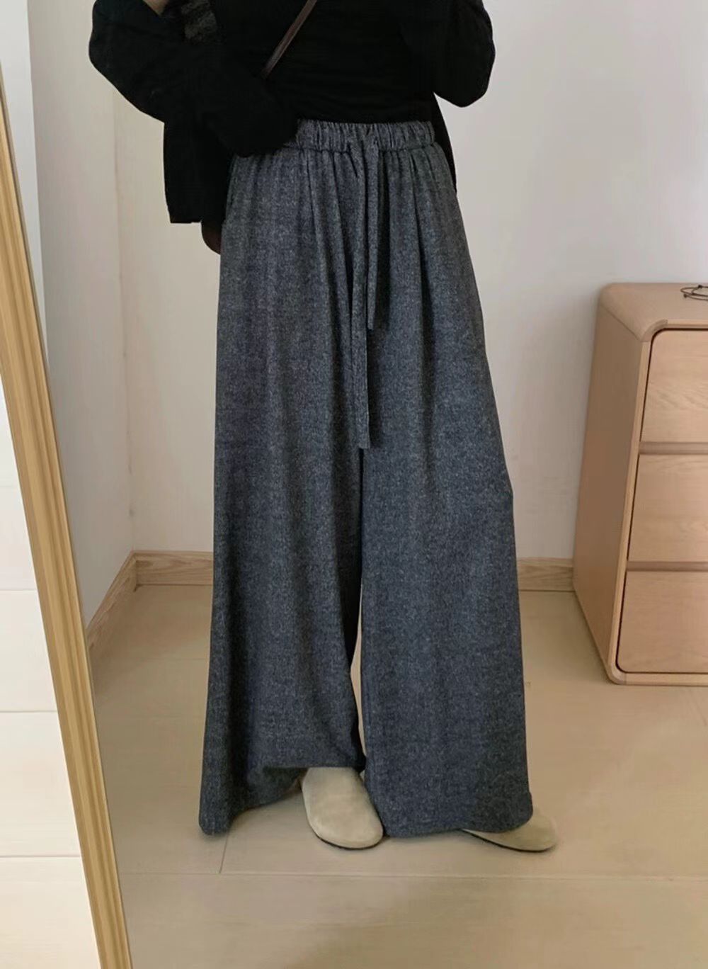 透气高腰阔腿裤常规拼接休闲裤松紧腰长裤休闲运动纯色长裤