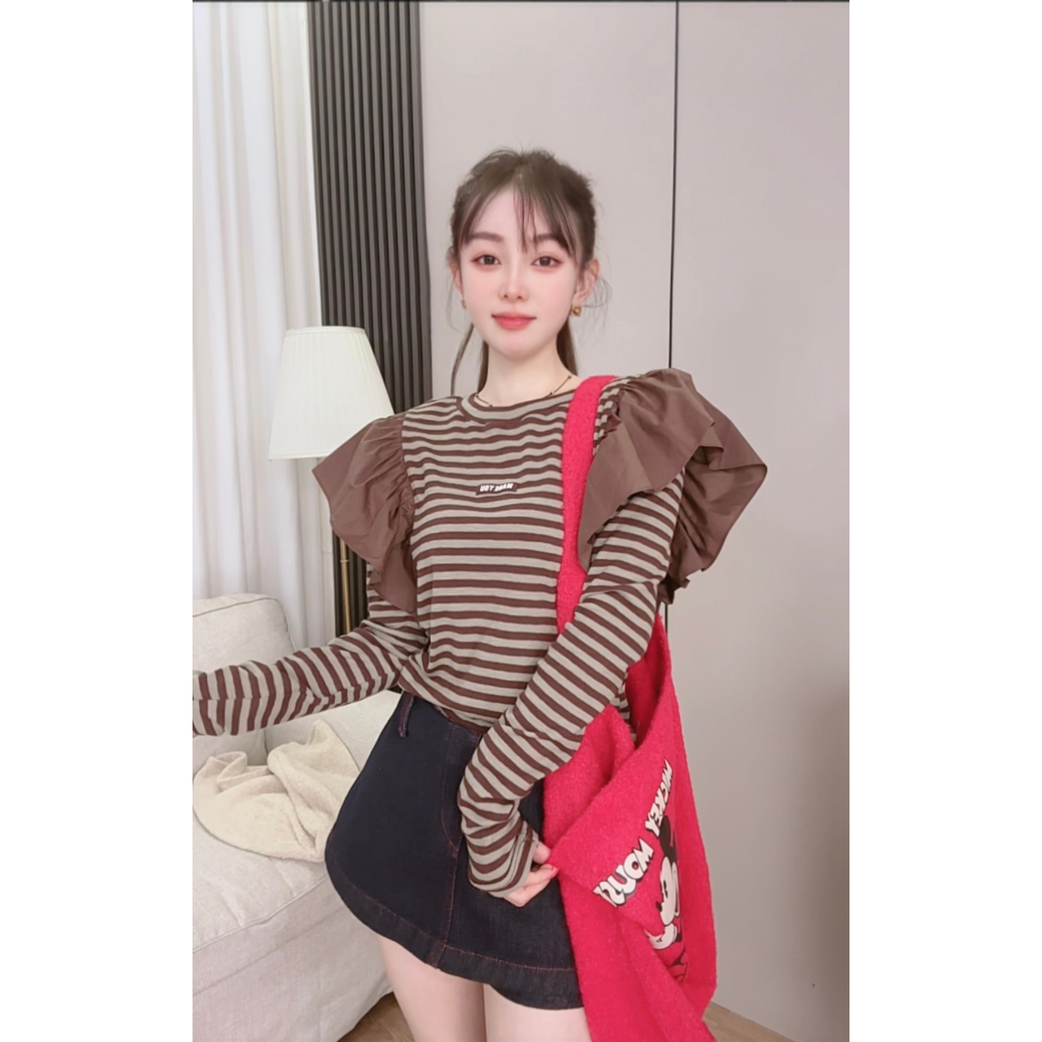 通勤拼接千金风圆领荷叶边T恤