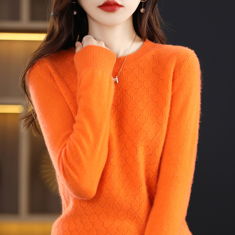 秋冬新款100%纯羊绒衫女圆领菱形提花显瘦套头毛衣宽松针织打底衫