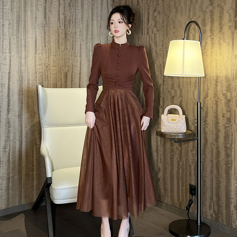 新款长袖网红复古春季法式长款时尚收腰气质拼接显瘦连衣裙11476