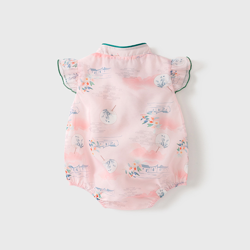 A婴儿连衣夏装薄款新生儿衣服短袖爬服女宝宝国风旗袍三角包屁衣