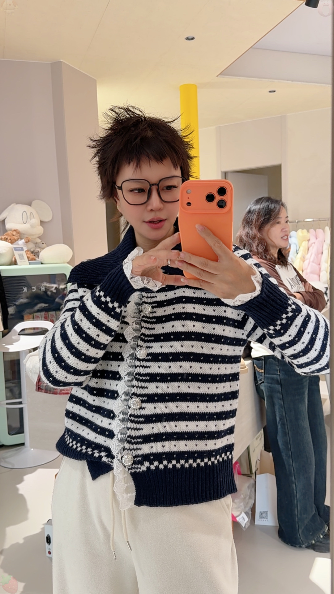 【济州岛】复古撞色蕾丝花边爱心条纹翻领针织开衫