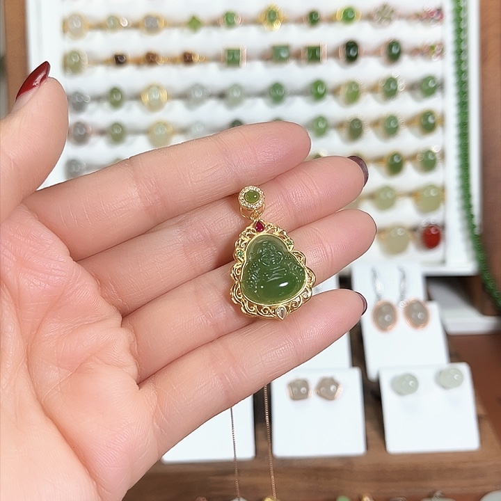 和田玉颈饰银S925镀金镶嵌