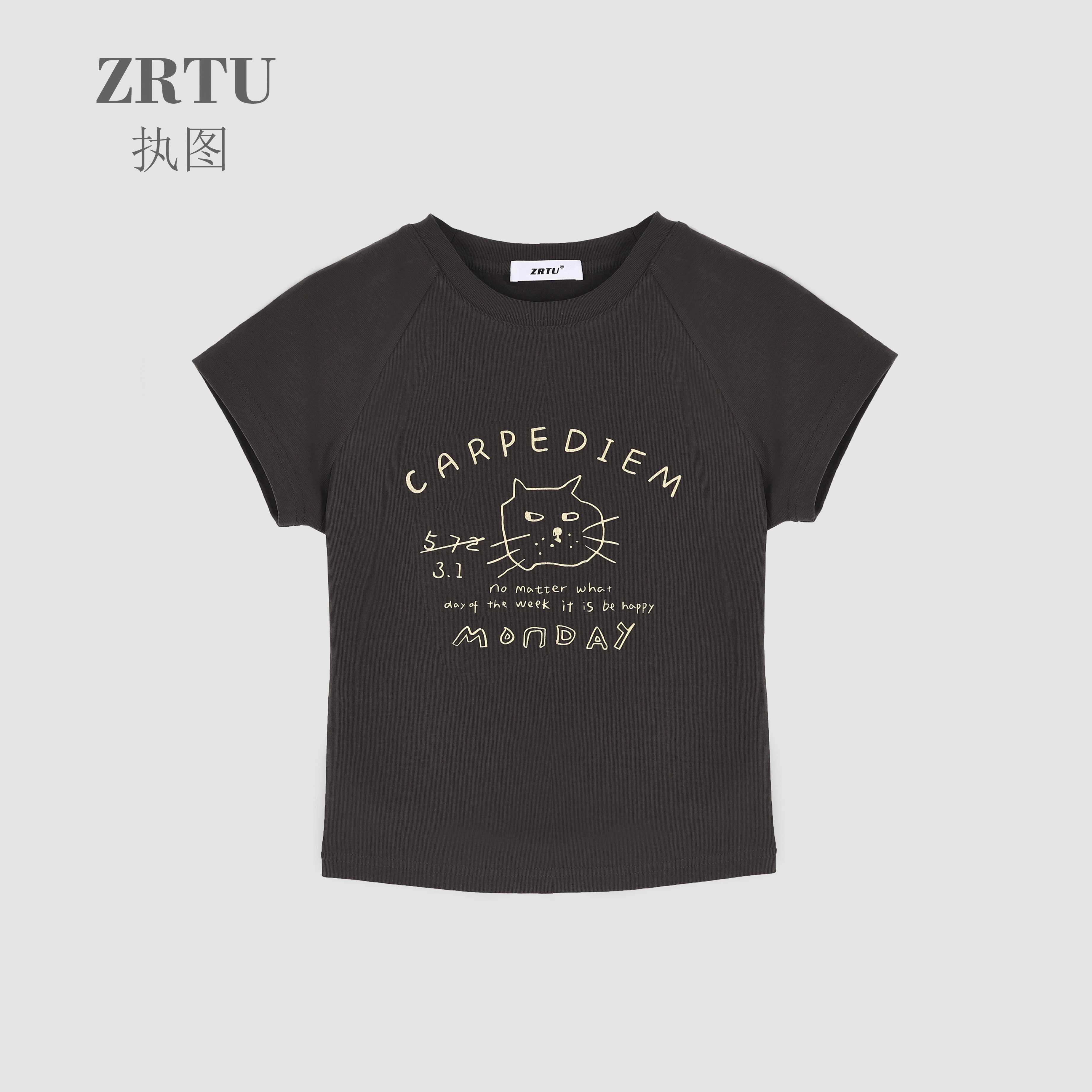 ZRTU/执图2025新款短袖短款猫咪印花T恤