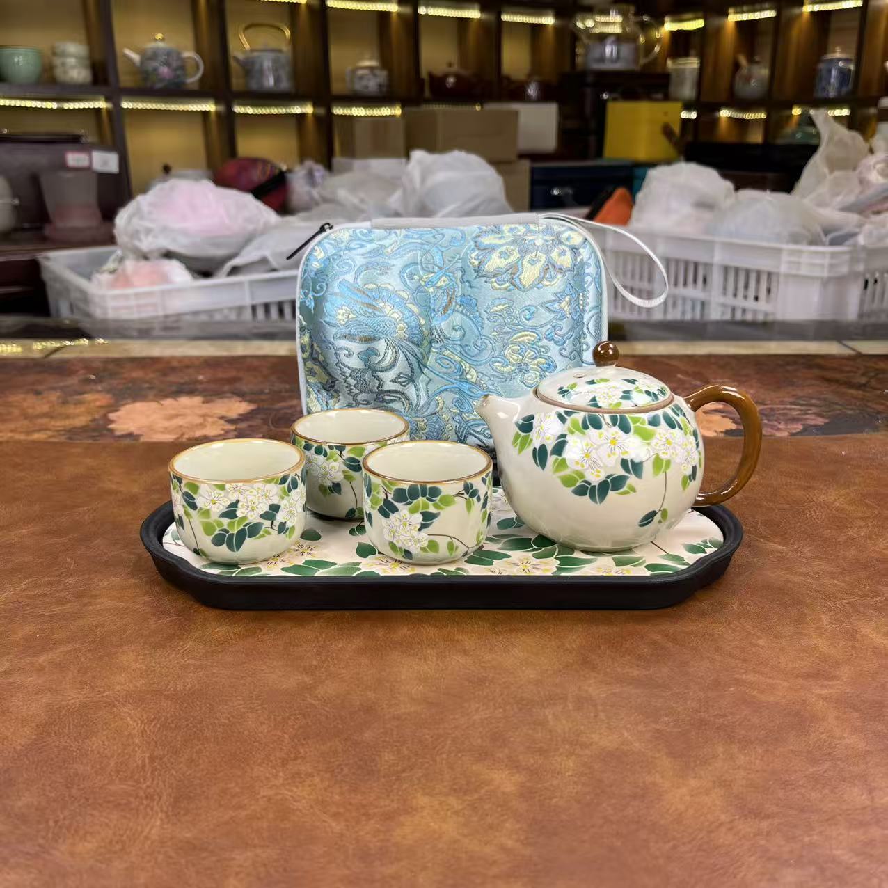 山茶花西施壶1壶3杯+刺绣包+山茶花盘实用精美1872