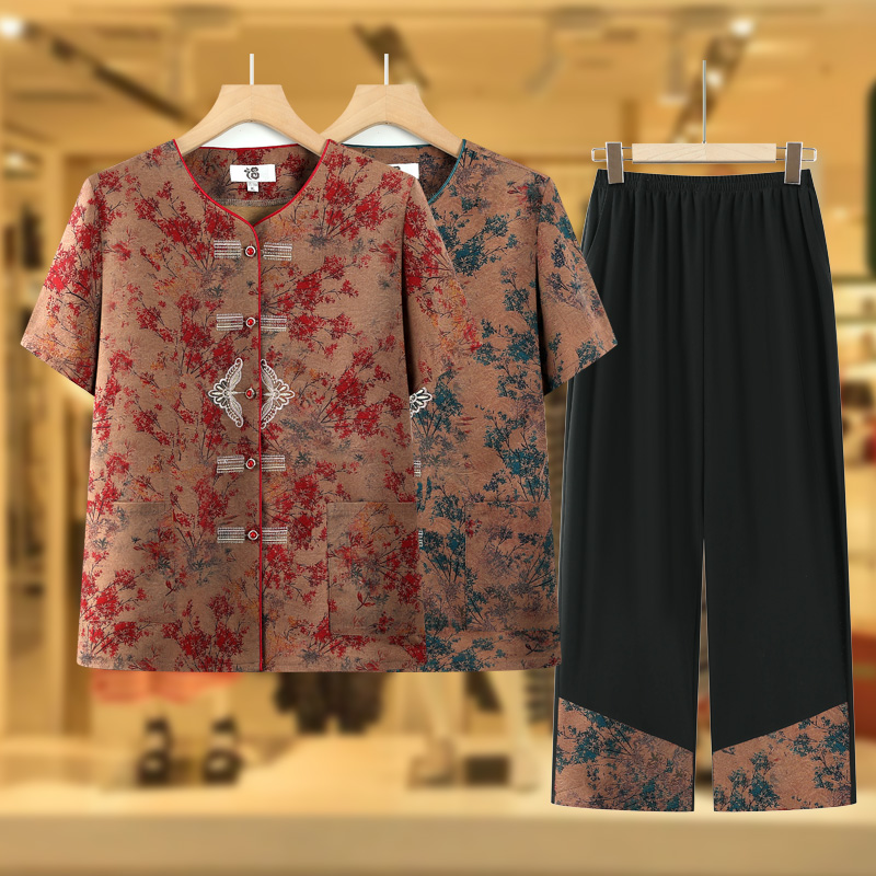 奶奶夏装套装宽松老年人女装短袖衬衫老太太开衫衣服妈妈夏季衬衣