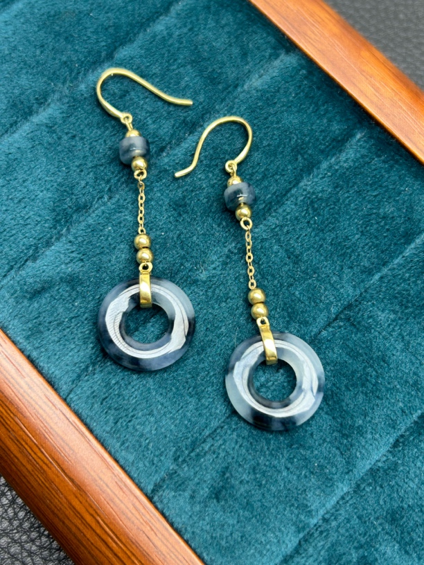 天然翡翠A货耳饰18K金镶嵌玉耳饰耳钩