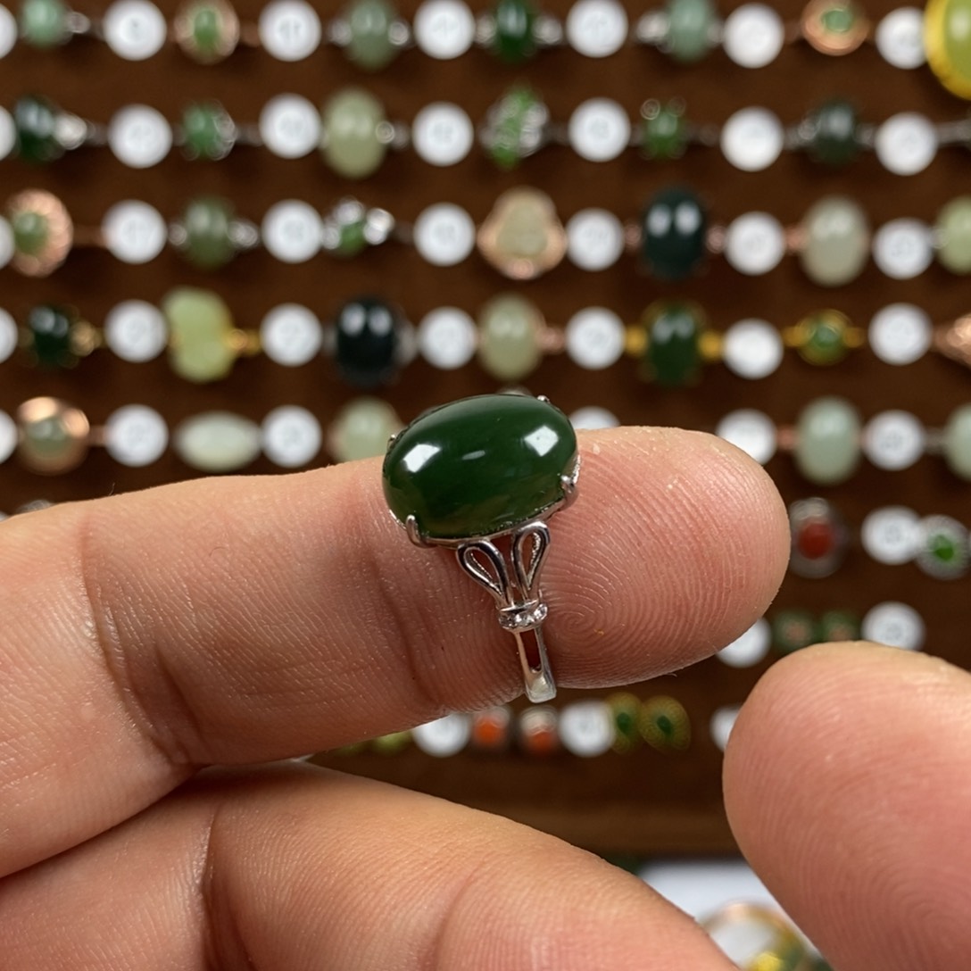 和田玉（碧玉）戒指银S925镀金镶嵌