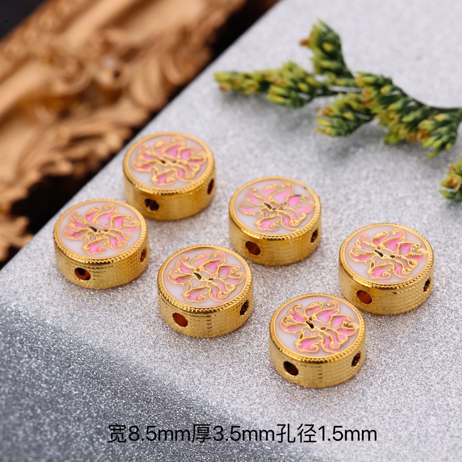 【来福工厂】18k金加大加厚版8.5mm烧蓝粉色九尾狐凤九圆牌背云隔珠