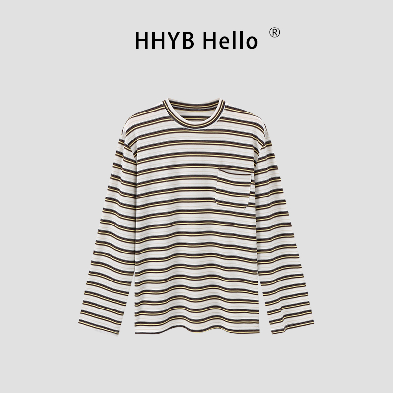 HHYB Hello韩式慵懒别致圆领条纹长袖T恤2025秋季新款上衣250853
