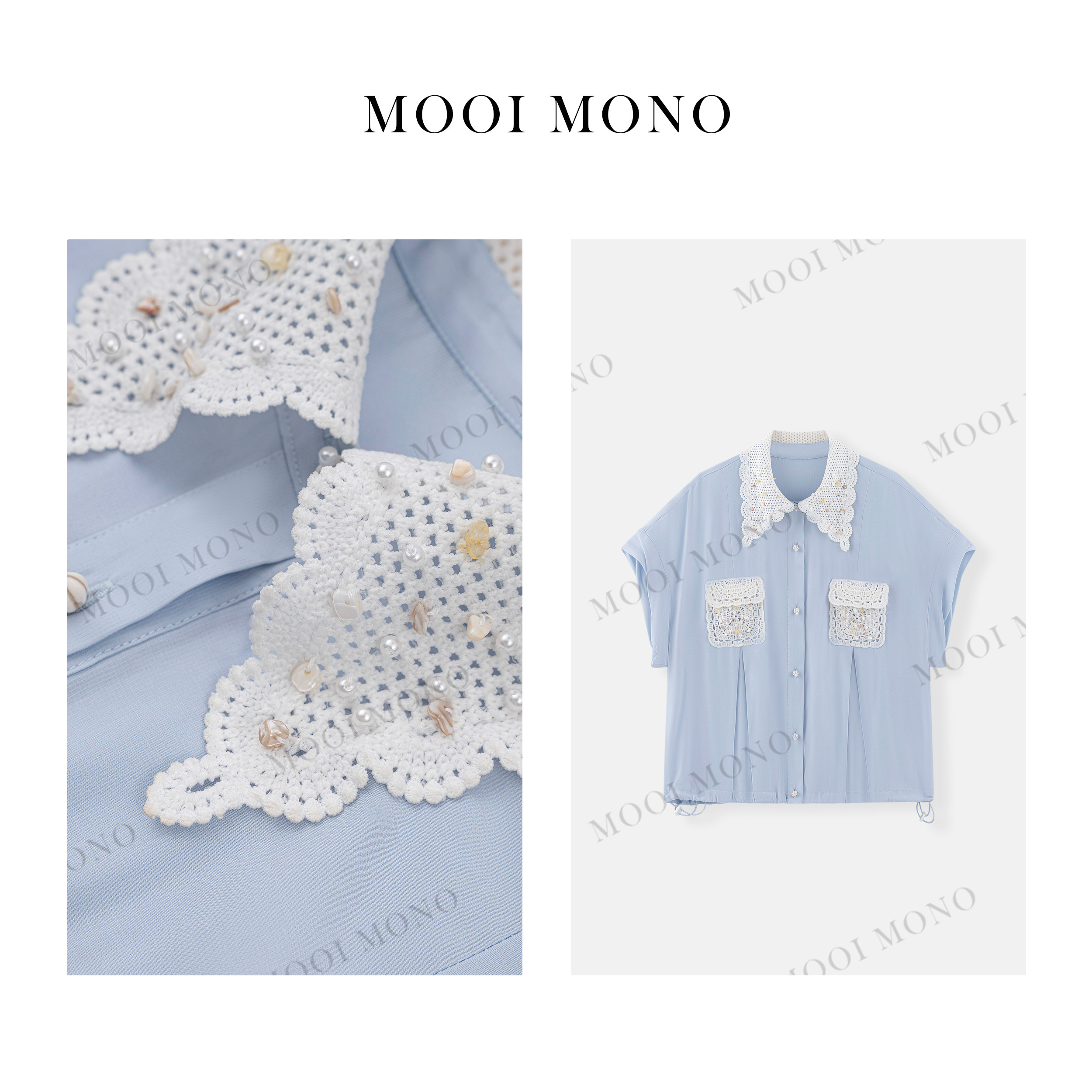 MOOI MONO"清雅塑身"显瘦气质蕾丝花边手工钉珠短袖衬衫 C746Z52