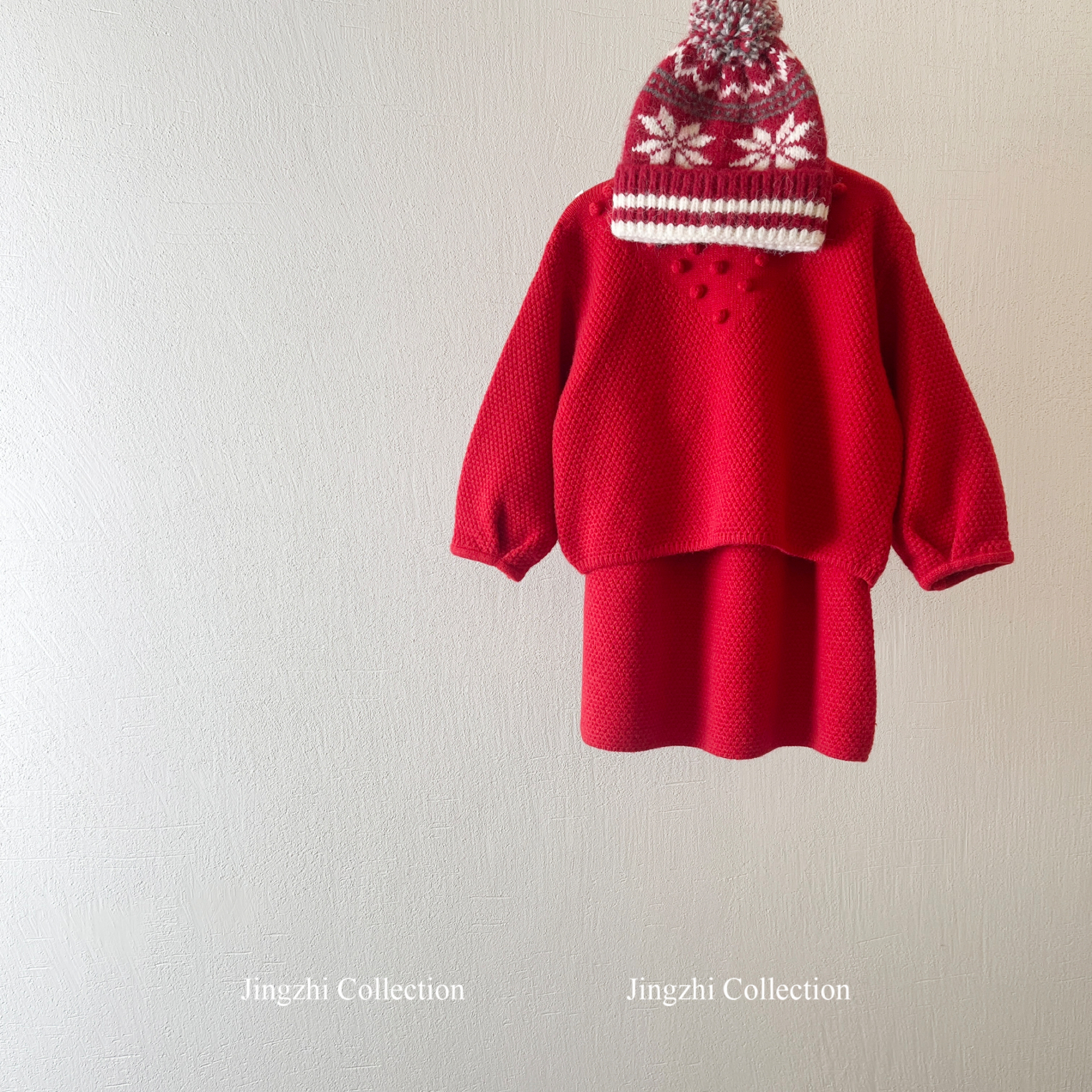 韩版冬季2025圣诞新年中国红套头针织上衣半身裙 红色毛衣套装