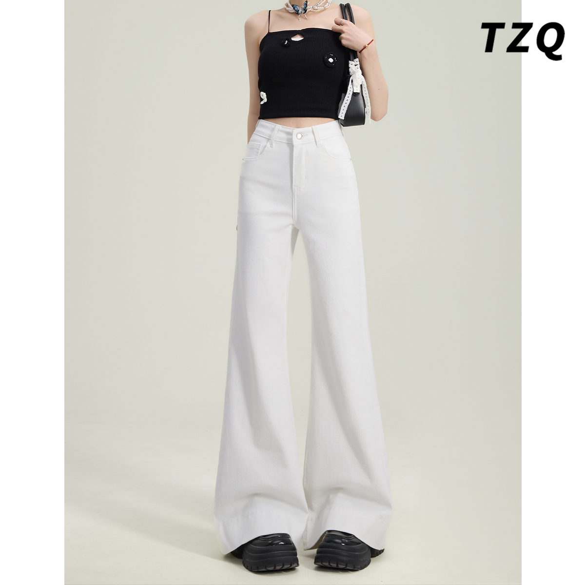 0018【金拐子专属】白色高腰牛仔裤女2025新款不贴腿微喇拖地裤子