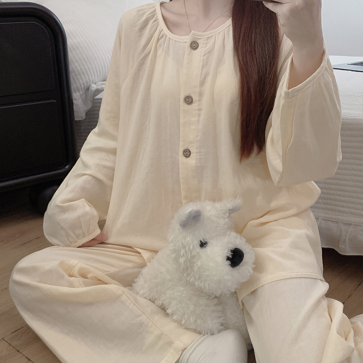 圆领开衫睡衣女款春秋季简约纯色长袖长裤双层纯棉纱布家居服秋天