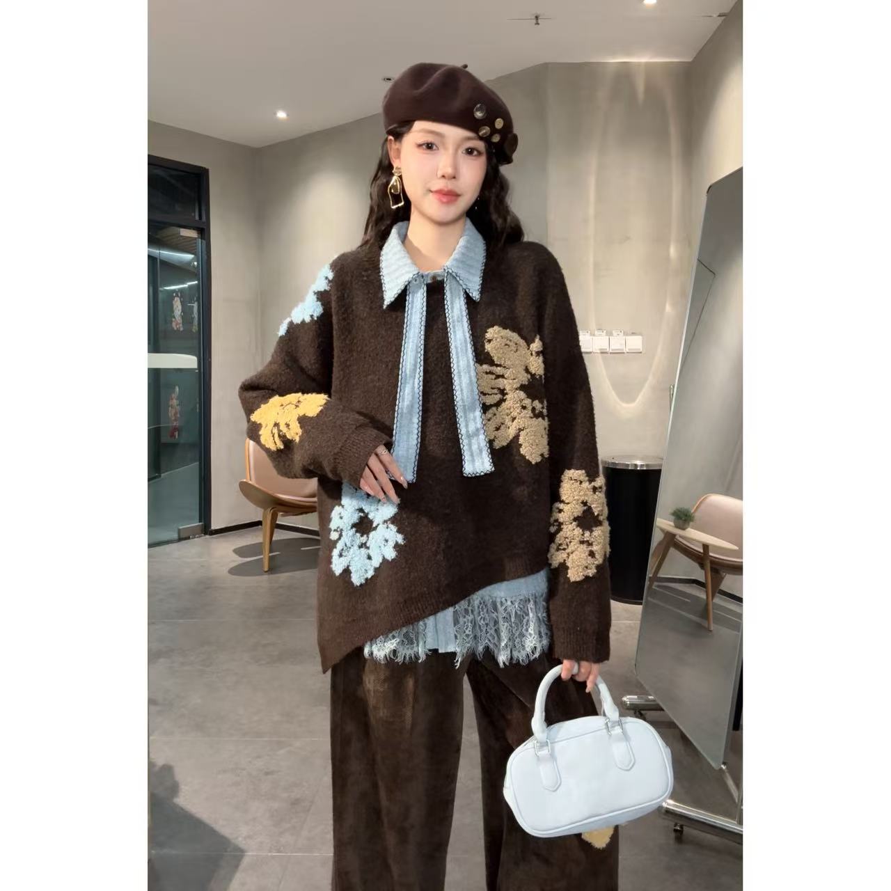 VGVL旻旻毛衣【时光画布】常规套头款毛织女撞色拼接针织衫女50228