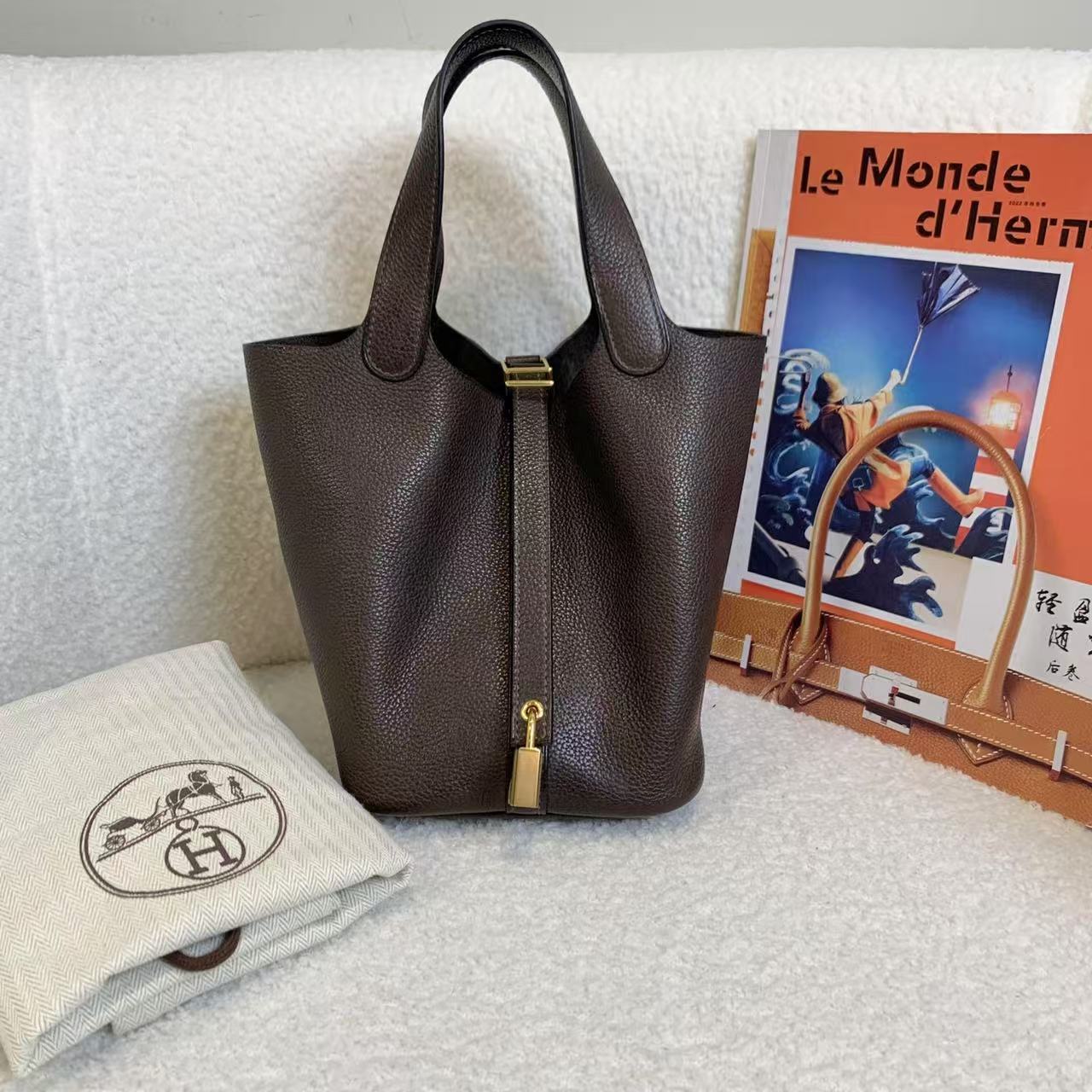 99新 Hermes/爱马仕 壹臻/乌木色金扣菜篮子18 u刻/52807615订金
